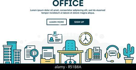 Office, colorful concept header, flat design thin line style Stock Vector