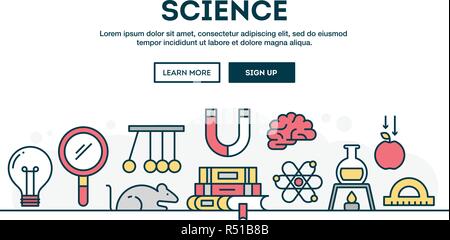 Science, colorful concept header, flat design thin line style Stock Vector