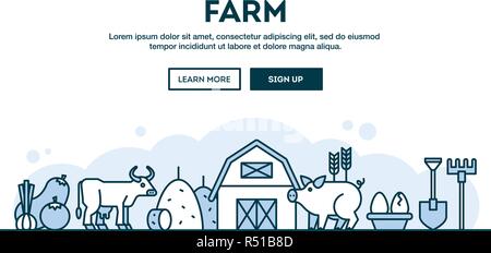 Farm, local grown food, farmer's market, concept header, flat design thin line style Stock Vector
