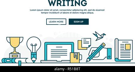 Writing, colorful concept header, flat design thin line style Stock Vector