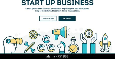 Start up business, colorful concept header, flat design thin line style Stock Vector