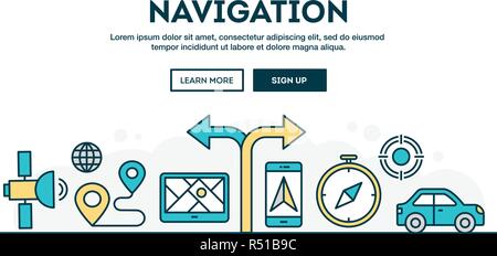 Navigation, colorful concept header, flat design thin line style Stock Vector