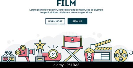 Film, colorful concept header, flat design thin line style Stock Vector