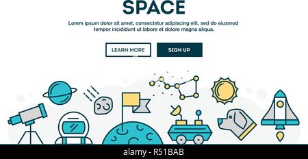 Space, colorful concept header, flat design thin line style Stock Vector