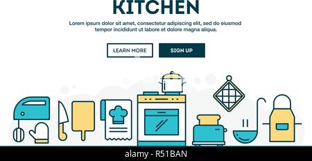 Kitchen, colorful concept header, flat design thin line style Stock Vector