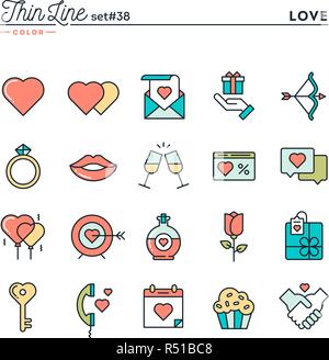 Love, Valentine's day, dating, romance and more, thin line color icons set Stock Vector