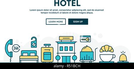 Hotel, colorful concept header, flat design thin line style Stock Vector