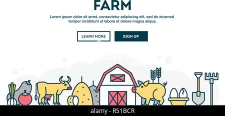 Farm, local grown food, farmer's market, colorful concept header, flat design thin line style Stock Vector
