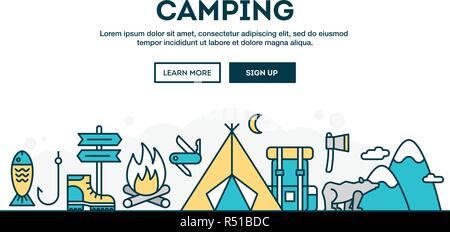 Camping, colorful concept header, flat design thin line style Stock Vector