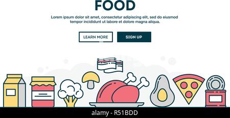 Food, colorful concept header, flat design thin line style Stock Vector
