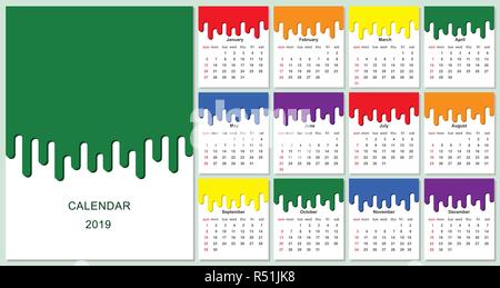Colorful year 2019 calendar. Vector multicolor dripping paint. Isolated illustration. Stock Vector