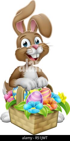 Easter Bunny Rabbit Eggs Hunt Basket Cartoon Stock Vector