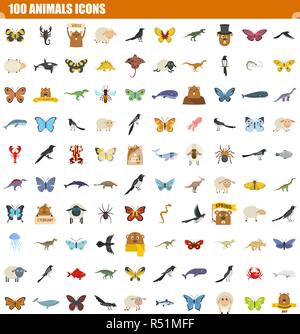 100 animals icon set. Flat set of 100 animals vector icons for web design Stock Vector