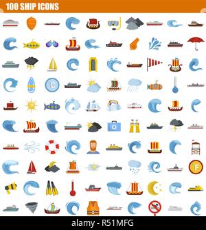 100 ship icon set. Flat set of 100 ship vector icons for web design Stock Vector