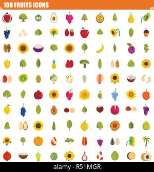 100 fruits icon set. Flat set of 100 fruits vector icons for web design Stock Vector