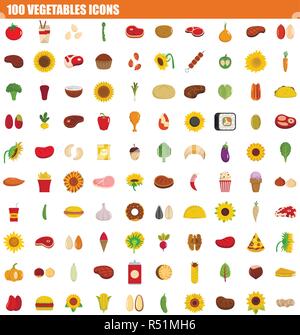 100 vegetables icon set. Flat set of 100 vegetables vector icons for web design Stock Vector