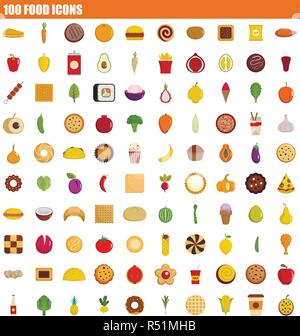 100 food icon set. Flat set of 100 food vector icons for web design Stock Vector