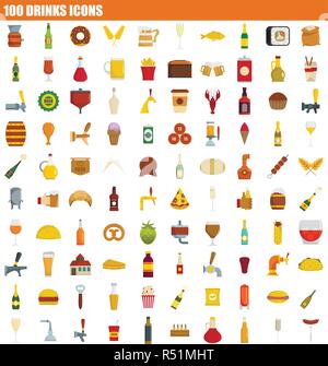 100 drinks icon set. Flat set of 100 drinks vector icons for web design Stock Vector