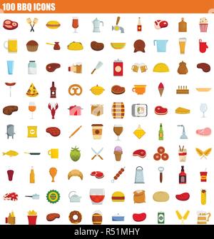 100 bbq icon set. Flat set of 100 bbq vector icons for web design Stock Vector