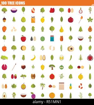 100 tree icon set. Flat set of 100 tree vector icons for web design Stock Vector