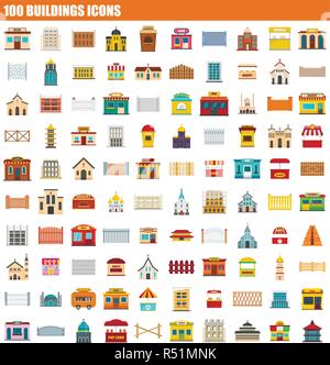 100 buildings icon set. Flat set of 100 buildings vector icons for web design Stock Vector