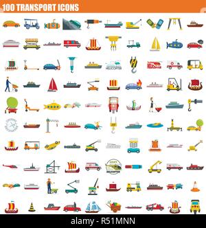 100 transport icon set. Flat set of 100 transport vector icons for web design Stock Vector