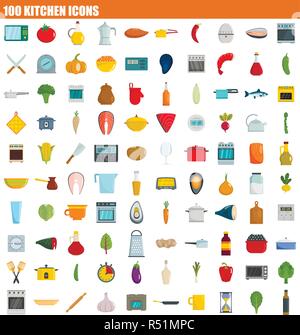 100 kitchen icon set. Flat set of 100 kitchen vector icons for web design Stock Vector