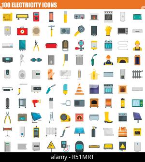100 electricity icon set. Flat set of 100 electricity vector icons for web design Stock Vector