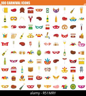100 carnival icon set. Flat set of 100 carnival vector icons for web design Stock Vector
