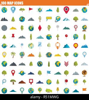 100 map icon set. Flat set of 100 map vector icons for web design Stock Vector