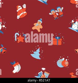 Merry Christmas seamless background with Santa Claus, Kids and Christmas tree. Holiday cute cartoon character. Vector illustration. Stock Vector