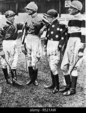 1934 an autographed photograph of four famous British Jockeys, Steve Donoghue, French born Joe Childs, (celebrating their 50th birthday on that day ) with Freddie Fox and Australian, Bernard 'Brownie' Carslake Stock Photo