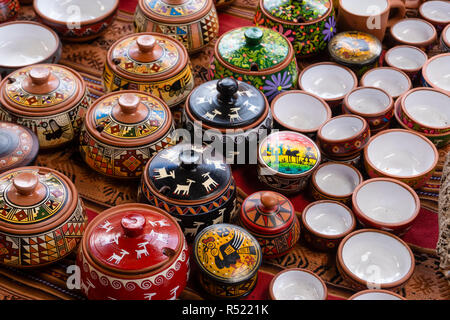 Ceramic pots and bowls for sale in a market near Machu Picchu in Peru Stock Photo