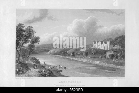 Nineteenth century engraving of Abbotsford, Melrose, Scotland  home of Sir Walter Scott, by R Westhall Stock Photo