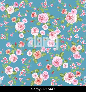 Floral pattern background with pink roses. Repeating vintage seamless pattern. Stock Vector