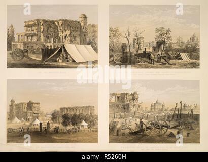 Lucknow- No.1. The residency house. 2. View from General Outram's head quarters ( Dr. Fayrer's house). 3. The residency and banqueting hall.4. A battery facing the Cawnpore Road in the baillie guard. Dedicated to ... Sir James Outram. ... General views and special points of interest of the city of Lucknow, from drawings made on the spot by D. S. D., with descriptive notices. London, 1860. Source: 1781.c.13, figures 1,2,3 and 4. Language: English. Author: Dodgson, D. S. Stock Photo
