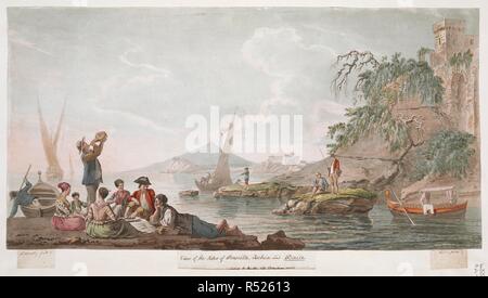 View of the Isles of Proscita, Ischia and Baia. A group of men and women eat and drink by the Tyrrhenian sea in Procida, with boats, fishermen and a tower of the Castello d'Avalos at right and view of the Castello Aragonese in Baiae and the island of Ischia in the background. View of the Isles of Proscita, Ischia and Baia. [London] : [Paul Sandby and Archibald Robertson], [1777]. 1 print : aquatint and etching with watercolour ; sheet 27.5 x 53.7 cm (trimmed below platemark). Source: Maps K.Top.83.64.b. Stock Photo