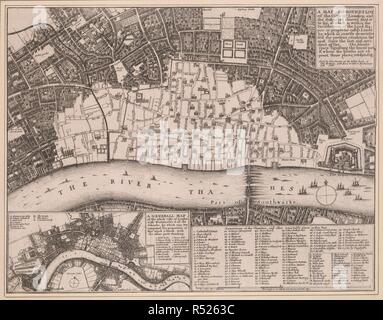 An engraved map of London with the title in a square tablet at top right and a reference table with key to churches and other landmarks at bottom right. The map clearly shows the extent of the damage to the city caused by the great fire of 1666: the barren city wards in contrast with birdâ€™s eye views of surviving buildings just outside the city. Also by Hollar is the inset map at bottom left entitled A General Map of the Whole Citty of London, Westminster and all the Suburbs. Smaller in scale but more extensive in coverage, the inset map shows at a glance the extent of the damage caused by t Stock Photo