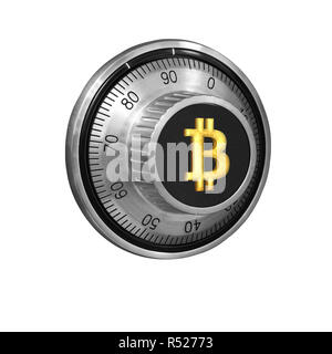 combination lock with a dial and a golden symbol of Bitcoins on the handle on a white background isolated. The concept of safety crypto-currency Stock Photo