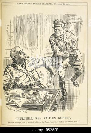 'Churchill s'en Va-t-en guerre'. 'Winston (through force of nautical habit), to Sir John French. 'Come aboard, sir!'. A humourous cartoon of the first World War, depicting Winston Churchill, in uniform. Punch or the London charivari. London, 1915. Source: PP.5270, 24 November 1915, page 423. Author: Townsend, F. H. Stock Photo