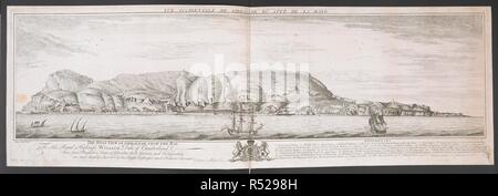 A view of Gibraltar from the West, with British sailing ships in the foreground . VÃœE OCCIDENTALE DE GIBRALTAR DU CÃ”TÃ‰ DE LA BAYE = THE WEST VIEW OF GIBRALTAR FROM THE BAY : To His Royal Highness WILLIAM Duke of Cumberland These four Perspective Views of Gibraltar Rock, Garison, and Fortification. are most humbly Inscrib'd by His Royal Highness most Obedient Servant James Mace. [London] : [publisher not identified], Publish'd according to Act of Parliament Jan.ry 1.st 1750. Source: Maps K.Top.72.48.e. Language: English. Author: Toms. Stock Photo