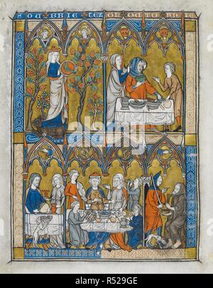 Above left; Sobriety holds a medallion on which is a bird. Above right; Gluttony, seated at a richly spread table, holds a bowl, while a woman behind supports his head. Below left; a man and woman share a frugal meal. Below centre; Dives holds a cup, musicans either side play a rebec and a recorder. A serving man carves meat, as another holds a cup. Outside, the steward prevents Lazarus, dressed as a pilgrim, from entering, as two dogs lick his sores. La Somme Le Roy. France [Paris or Maubuisson?]; between 1290 and 1300. Source: Add. 28162, f.10v. Language: Latin with French. Author: Laurent,  Stock Photo