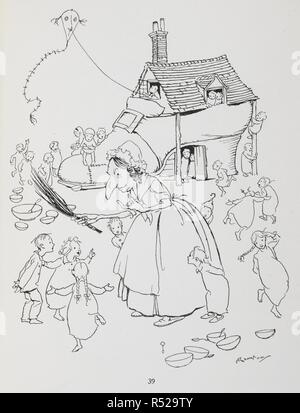 There was an old lady who lived in a shoe. Woman with a shoe-house and lots of children. Mother Goose. The old nursery rhymes. Illustrated by Arthur Rackham. London : William Heinemann, [1913.]. Source: 11646.h.32. page 39. Stock Photo