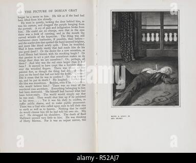 Page of the last chapter of the novel and an illustration showing the dead body of Dorian Gray. The Picture of Dorian Gray/ By Oscar Wilde ; with an introduction by Osbert Burdett ; authorized ed. with illustrations by Henry Keen. London: John Lane The Bodley Head; New York: Dodd, Mead and Co., 1925 Bungay, Suffolk: Richard Clay & Sons. Source: 012634.n.52 pages 248 and 249. Stock Photo