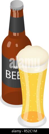 Bottle and glass of beer icon. Isometric of bottle and glass of beer vector icon for web design isolated on white background Stock Vector