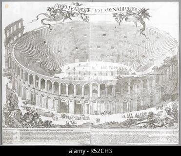 A view of the Arena in Verona printed on two sheets, with allegories of Verona and of the Adige River in the foreground. Masked figures, children playing and a tavern open under one of the arches beyond, and figures jousting and carriages inside. The title is inscribed on a scroll held by putti above and a dedication printed on a separate plate below. AMFITEATRO DETTO LARENA DI VERONA. [Verona] : [publisher not identified], 1696. Source: Maps K.Top.79.41.d. Language: Italian. Stock Photo