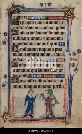 Bas-de-page scene of Amoras the knight conversing with the devil, with a caption reading, â€˜Cy fist ameroys le che[va]l[e]r omage au deable et a celi p[ro]mist de fere venir a li sa fe[m]me cele iour en un anâ€™. Book of Hours, Use of Sarum ('The Taymouth Hours'). England, S. E.? (London?); 2nd quarter of the 14th century. Source: Yates Thompson 13, f.162. Language: Latin and French. Stock Photo