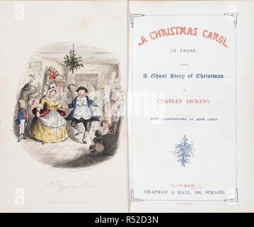 'Mr Fezziwig's ball.' A colour illustration showing a Cristmas scene, opposite a title page. A Christmas Carol in prose. Being a Ghost-story of Christmas ... With illustrations by John Leech. London : Chapman & Hall, 1843. Source: Dex.293.(1) frontispiece and title page. Stock Photo