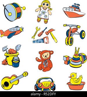 Kid toys or children playthings icons set. Cartoon hand drawn illustration of 9 kid toys or children playthings vector icons for web Stock Vector