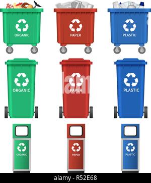 Separation recycle bin waste trash icons set. Realistic illustration of 9 separation recycle bin waste trash vector icons for web Stock Vector